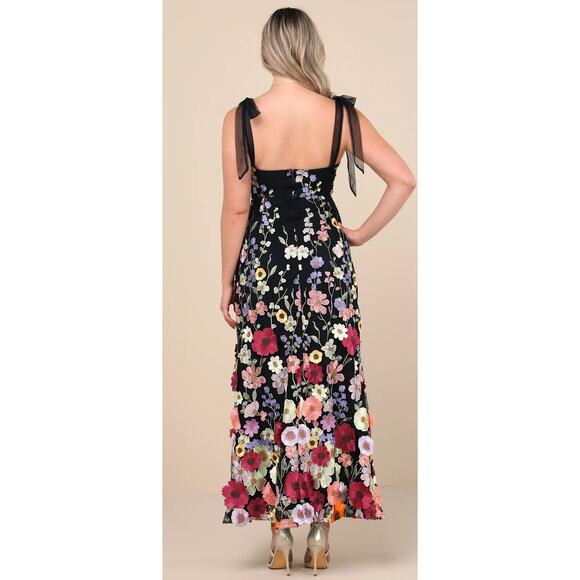 Lulus NWOT Thriving Poise Black 3D Floral Embroidered Tie-Strap Maxi Dress L - Picture 2 of 8